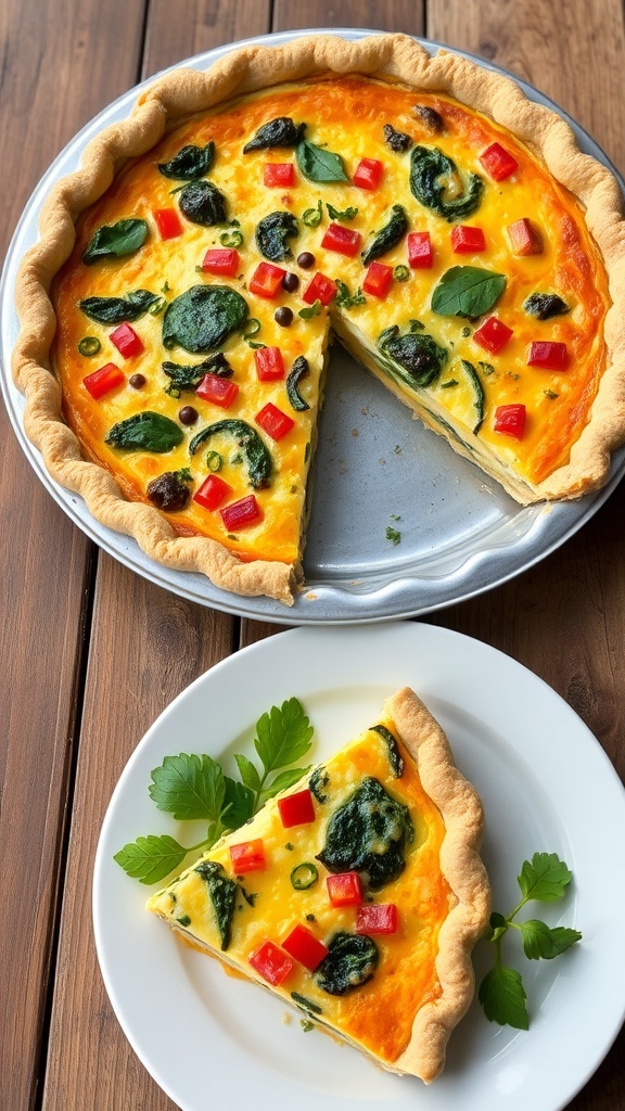 A golden-brown quiche grande filled with spinach and cheese, served with a side salad on a rustic table.